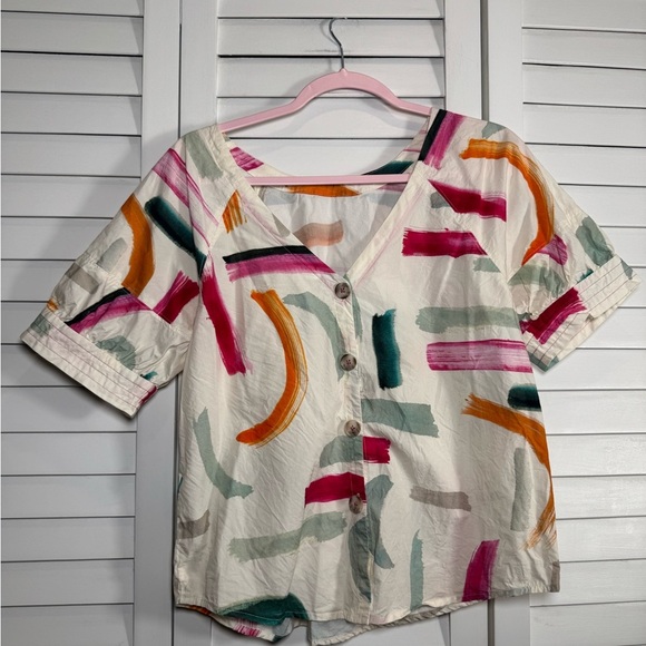 Anthropologie x Aimee Clarke Multicolor Brushstroke Poplin Blouse Size Small - Picture 3 of 7